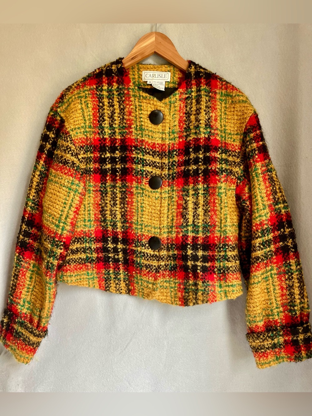 Vintage Carlisle Wool Boucle Plaid Cropped Jacket Womens 14 Hong Kong Lined